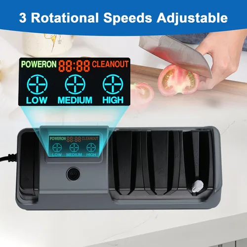 Vista 5 de Afilador de cuchillos eléctrico 5 en 1 para cuchillos de cocina, afilador de 3 etapas con 100% abrasivo de diamante, pantalla LCD, velocidad