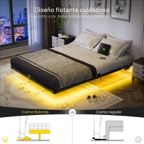 Vista 3 de OLEVS - Marco de cama flotante de metal tamaño matrimonial con luz LED y estación de carga Full Metal Platform Bed Frame with Smart LED, Charging