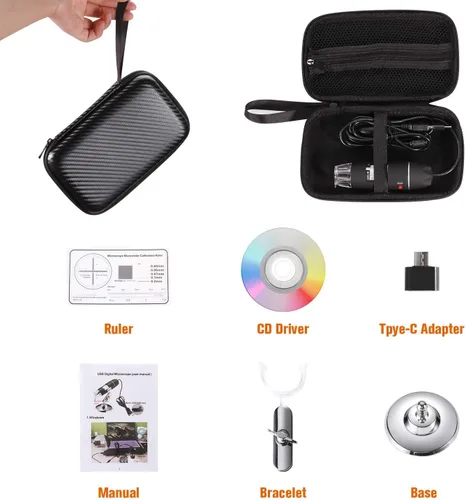 Vista 6 de Microscopio digital USB 40X a 1000X, cámara endoscopio de aumento de 8 LED con estuche de transporte y soporte de metal, compatible con Android