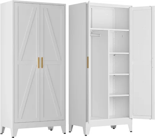 Vista 14 de COFaR Armario Armario con cajones y barra para colgar, armario de metal de 71 pulgadas con puertas y estante ajustable, armario de granja para Blanco