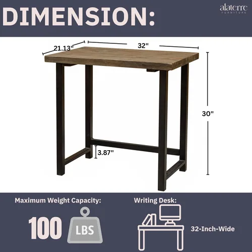 Vista 4 de Pomona - Escritorio compacto de 32 pulgadas con parte superior de madera maciza y marco de metal, escritorio pequeño de estilo industrial rústico