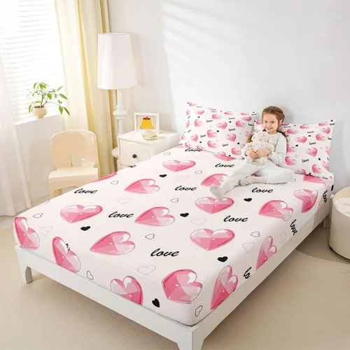 Vista 6 de Juego de sábanas ajustables de corazón rosa tamaño individual para niños y adolescentes, juego de sábanas románticas transpirables para el día