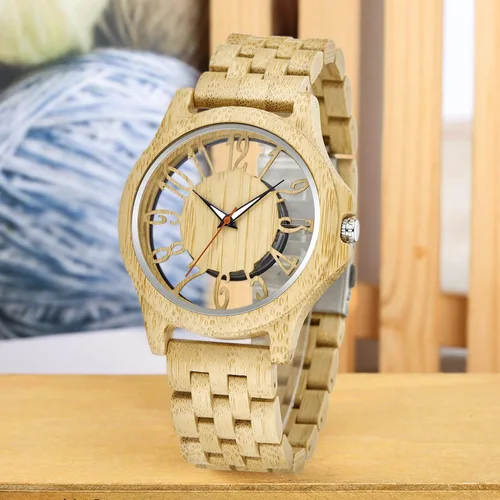 Vista 2 de Relojes de madera para hombre, reloj de cuarzo de madera de cebra ébano, cierre plegable, correa de madera, relojes de madera para hombre