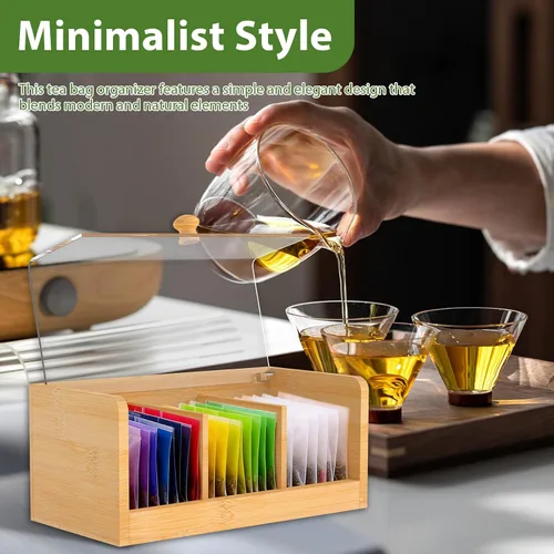 Vista 2 de Caja de té de bambú y acrílico con 3 compartimentos de 8.66 x 4.33 x 3.94 pulgadas, soporte decorativo para bolsitas de té con tapa transparente