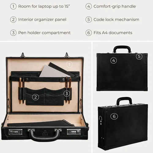 Vista 6 de Time Resistance Funda de cuero para portátil de hasta 15 pulgadas - Maletín de cuero italiano de grano completo - Estuche rígido con cerradura