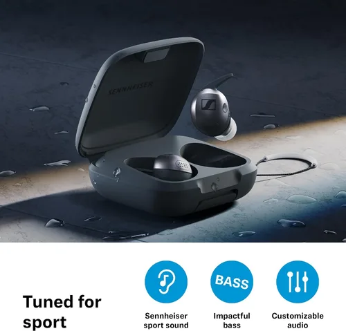 Vista 2 de Sennheiser Momentum Sport - Auriculares con ajuste de sonido deportivo y ANC adaptativo, ajuste seguro, duración de la batería de 24 horas, Negro