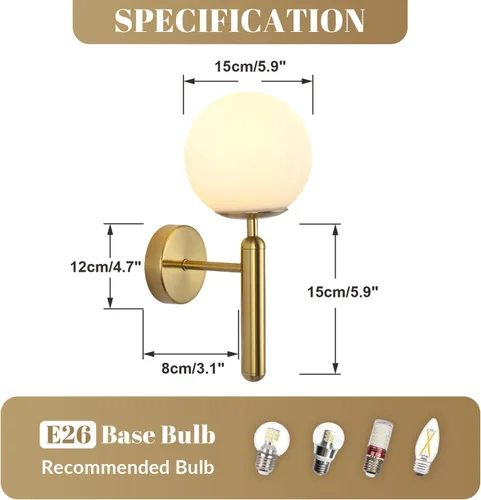 Vista 2 de KCO Lighting - Juego de dos apliques de pared de latón con forma de globo de vidrio de leche, aplique de pared dorado cepillado, modernos accesorios