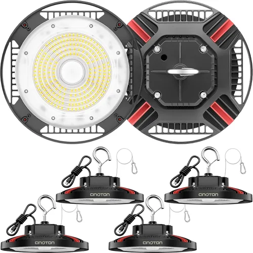 Vista 18 de CINOTON Luz LED UFO de Bahía Alta de 100W, Luces LED de Aluminio para Tienda con 15000LM, Iluminación de Bahía Comercial de 5000K para Almacén