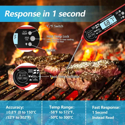 Vista 2 de Termómetro digital de carne para parrilla, termómetro de alimentos de lectura instantánea con pantalla retroiluminada impermeable, rotación