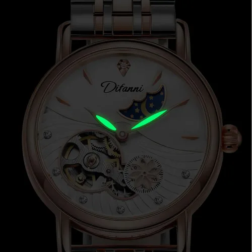 Vista 4 de CARLIEN Relojes mecánicos automáticos de acero inoxidable para mujer, correa de cuero, esfera de esqueleto de perla, impermeable, reloj de pulsera