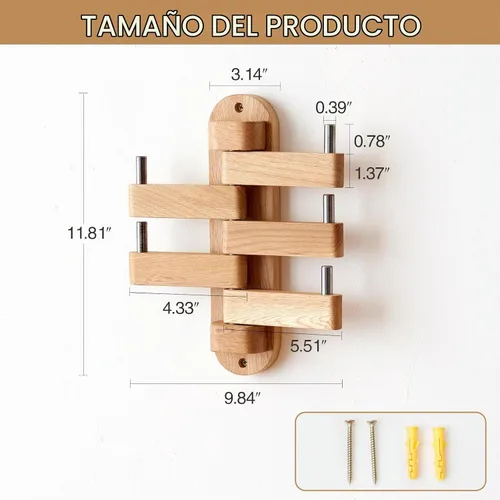 Vista 3 de Perchero giratorio de roble con ganchos para abrigos, ganchos de pared de madera con 5 brazos plegables giratorios, perchero de pared de 30 cm