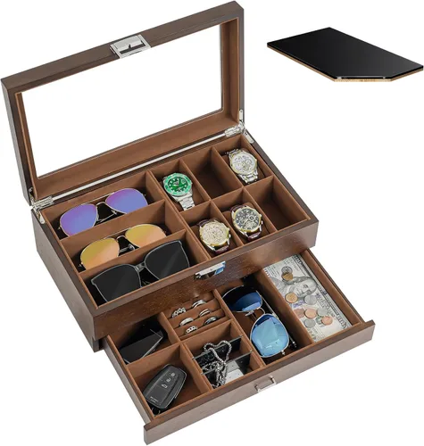 Vista 2 de ProCase Lacquered Finish Wooden Men's Jewelry Box Bundle with 18 Slots Sunglasses Organizer