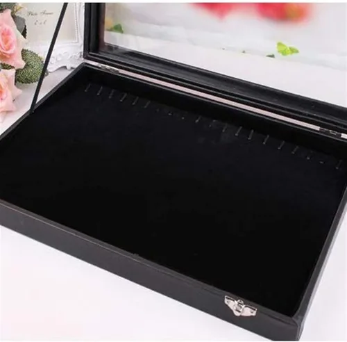Vista 4 de MMSEKT Caja de joyería Bandeja de collar Caja de almacenamiento Exhibición de joyería apilable de vidrio superior con cerradura de terciopelo negro