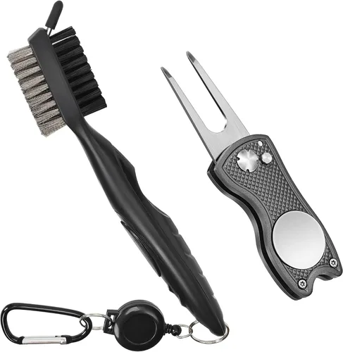Vista 18 de Mile High Life Cepillo para palos de golf, limpiador de ranuras con cable de extensión retráctil de 2 pies y mosquetón de aluminio, accesorios