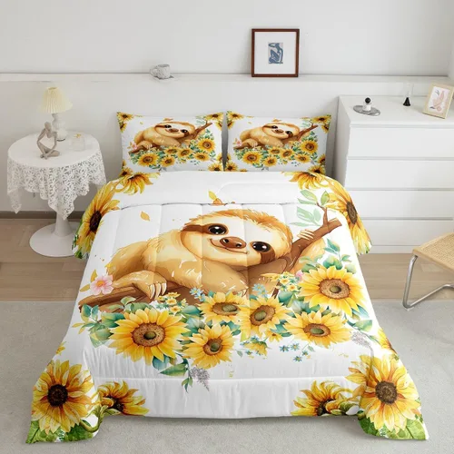 Vista 9 de Erosebridal Juego de edredón de perezoso tamaño individual, bonito edredón de plumón de perezoso en árbol para niños y niñas, juego de ropa de cama