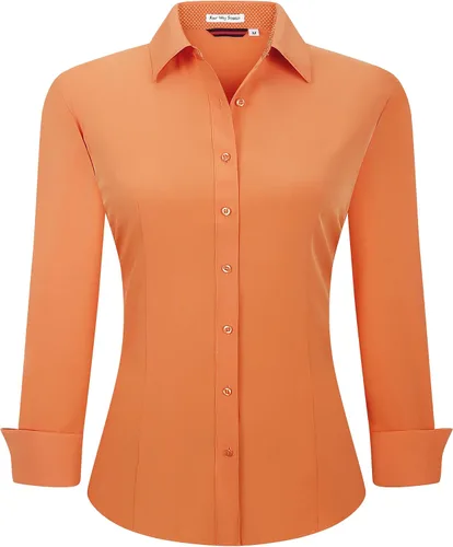 Vista 6 de Alex Vando Camisas de vestir para mujer, sin arrugas, ajuste regular, manga larga, elástica, camisa de trabajo