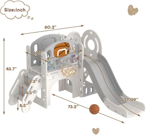Vista 7 de YUFU Conjunto de Tobogán 9 en 1 para Niños Pequeños, Tobogán para Niños de 1-3 Años, Conjunto de Juegos para Niños Pequeños con Aro de Baloncesto