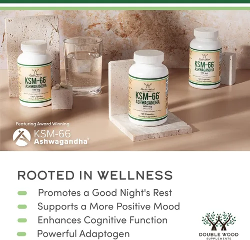 Vista 3 de Double Wood Supplements Ashwagandha KSM 66 Extracto orgánico y clínicamente estudiado (600 mg por porción, 120 cápsulas, 60 porciones) Administrador