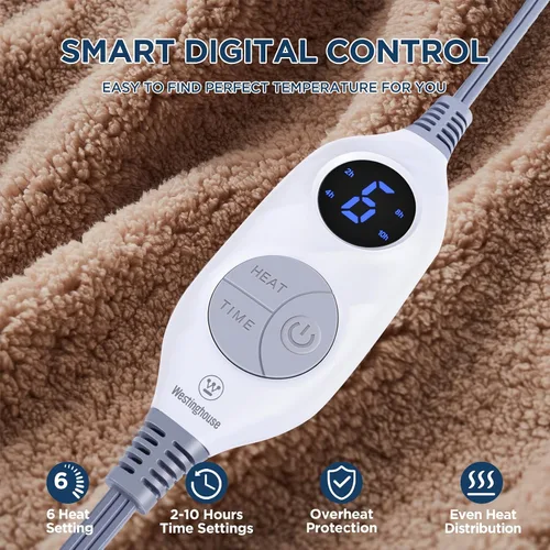 Vista 2 de Westinghouse Manta Eléctrica Tamaño Throw, Manta Térmica de Felpa Sherpa Suave con 6 Niveles de Calefacción y 2-10 Horas de Apagado Automático, Azul