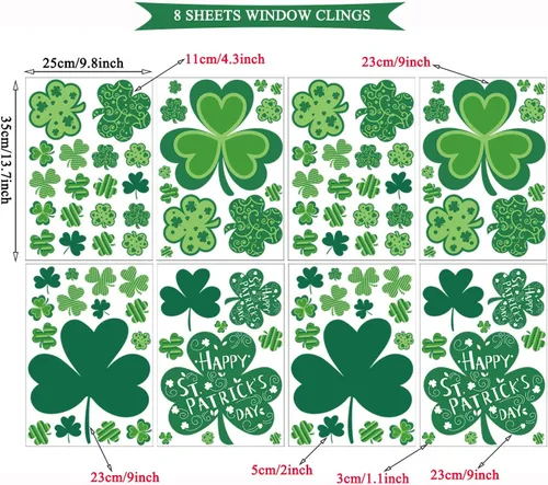 Vista 2 de CAVLA Decoración de trébol para ventana del día de San Patricio, 8 hojas de trébol grande del día de San Patricio, calcomanías estáticas