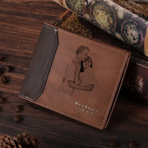 Vista 22 de INBLUE Billetera plegable grabada personalizada, cartera de cuero personalizada con foto y texto grabado, regalos para hombres, marido, papá, hijo