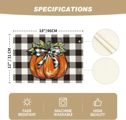 Vista 5 de Artoid Mode Juego de 4 manteles individuales de otoño con diseño de calabaza a cuadros de búfalo de 12 x 18 pulgadas para decoración de fiestas