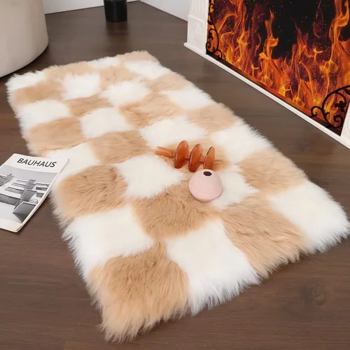 Vista 5 de Alfombra mullida de piel sintética a cuadros marrón y blanco, alfombra de área pequeña, 2 x 4 pies, ultra suave, alfombra de felpa lanuda