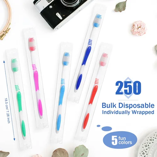 Vista 2 de Honeydak Paquete de 250 cepillos de dientes envueltos individualmente, cepillos de dientes desechables a granel, cepillo de dientes de cerdas