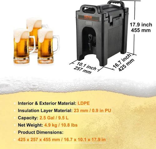 Vista 7 de VEVOR Dispensador de Bebidas Aislado, 2.5 Galones, Servidor de Bebidas Calientes y Frías de LDPE Grado Alimenticio, Dispensador Enfriador de Bebidas