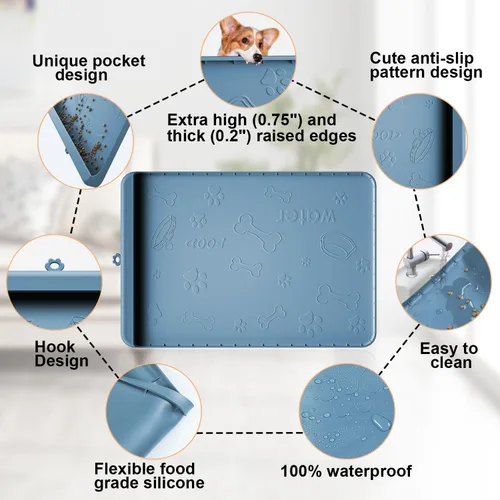 Vista 4 de Tapete para Comida de Perro - Tapete de Silicona para Perro para Comida y Agua - 36" x 24" Tapetes Grandes de Alimentación para Mascotas con Azul
