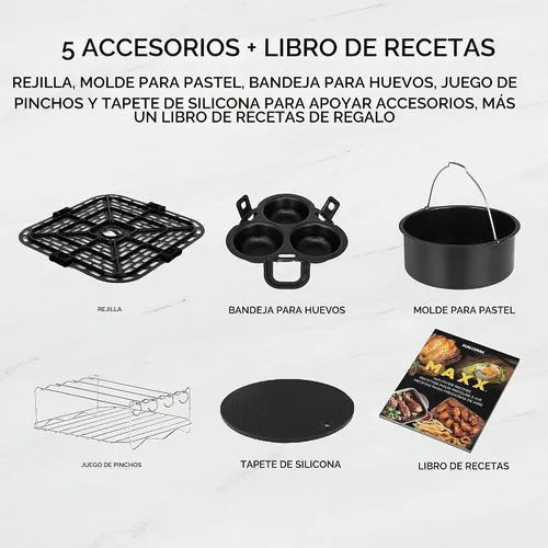 Vista 10 de Kalorik MAXX® Plus - Freidora de aire digital 7 en 1 sin aceite, pantalla LCD, 22 presets inteligentes, 5 accesorios y libro de recetas, 1750 W