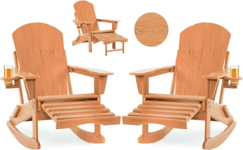 Vista 27 de Mecedora plegable Adirondack, silla de patio multifuncional 4 en 1 con otomana retráctil, silla de exterior con textura de madera, silla de césped