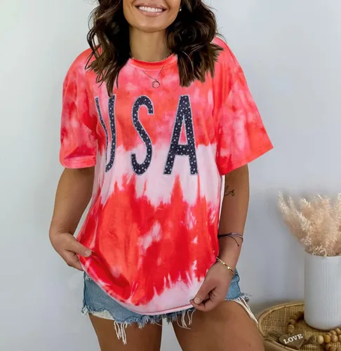 Vista 4 de Camisa de gran tamaño para mujer, diseño patriótico americano, cuello redondo, holgado, para el 4 de julio