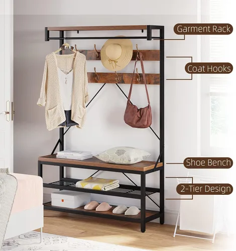 Vista 5 de Amyove Perchero grande para zapatos, banco de zapatos, zapatero de árbol para entrada, estante de almacenamiento de 3 niveles y ganchos extraíbles