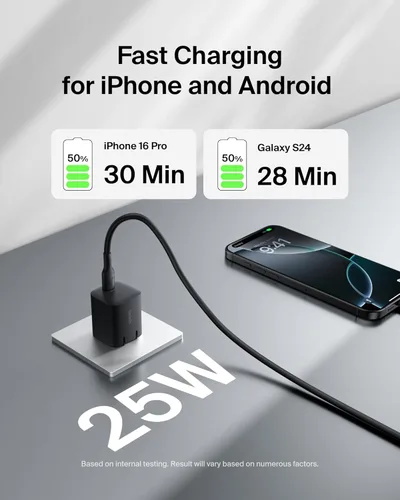 Vista 3 de Belkin Bloque de Carga USB C 25W (Paquete de 2) Incluye Cable USB C - Carga Rápida PD3.0 PPS para Samsung Galaxy S25, S24, Apple iPhone 17, Air