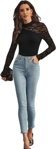 Vista 5 de Romwe Body de manga larga con estampado geométrico para mujer, elástico, sexy, para fiesta