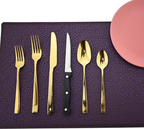Vista 12 de Juego de cubiertos de mango grueso de 24 piezas, acero inoxidable 18/10 negro antiguo con cuchillo para carne, juego de cubiertos pulidos de espejo