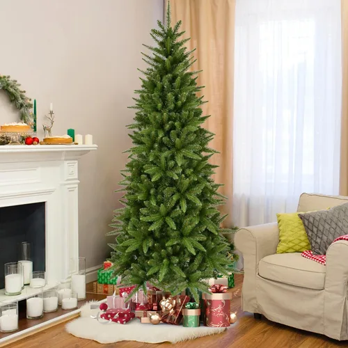 Vista 8 de Liguanow Árbol de Navidad artificial preiluminado de 7 pies con 400 luces LED blancas cálidas, árbol de Navidad delgado realista con bisagras y Azul