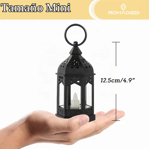 Vista 4 de Romadedi Mini Linternas Decorativas para Centro de Mesa: 10 piezas de linterna pequeña negra colgante a granel con velas LED parpadeantes para Negro