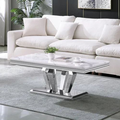 Vista 12 de Mesa de centro de 47 pulgadas de mármol negro con base en forma de U de acero inoxidable espejado, mesa central de parte superior rectangular