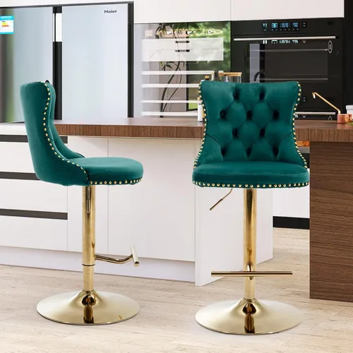 Vista 9 de SoarFlash Juego de 2 taburetes de bar de terciopelo giratorios ajustables con patas de metal chapado en oro, capitoné con botones, reposapiés