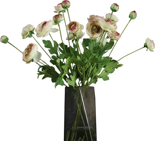 Vista 13 de Flores artificiales de seda, ranúnculo, flores falsas, 5 unidades, adecuadas para decoración de núcleos, creación floral de boda, arreglo floral Azul
