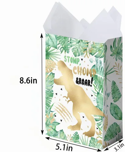 Vista 4 de HaPiBiDesign 24 bolsas de regalo de dinosaurio dorado con calcomanías, bolsas de caramelos de dinosaurio, bolsas de regalo para suministros