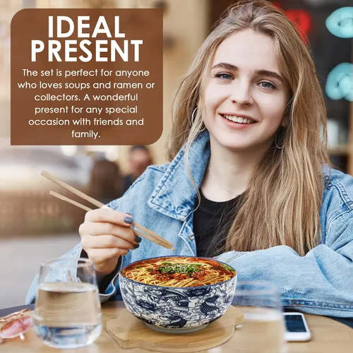 Vista 5 de XWORLD Juego de cuencos de cerámica japonesa para fideos ramen con cuchara de cerámica, palillos de bambú, tapa y salvamanteles, capacidad