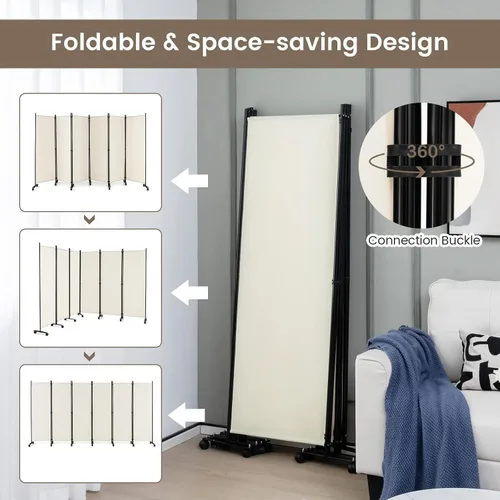 Vista 6 de Divisor de habitación plegable de 6 paneles para separación de habitaciones, pantalla de privacidad independiente con ruedas universales Blanco