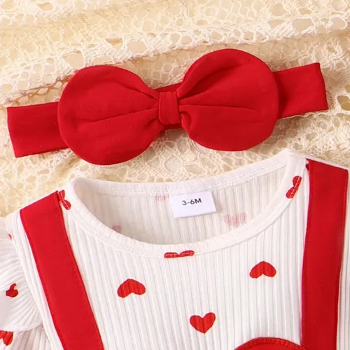 Vista 3 de VISGOGO Mameluco para el día de San Valentín para niña pequeña, con volantes, manga larga, estampado de corazón, con diadema