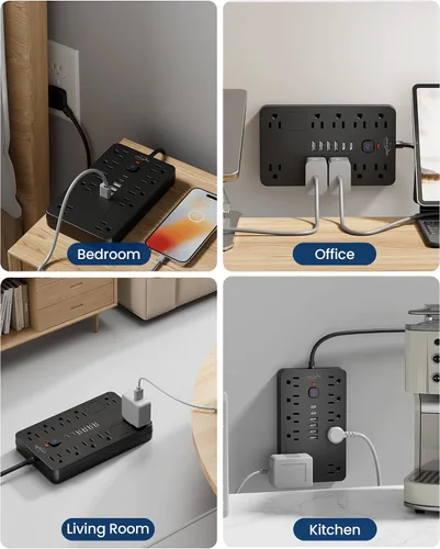 Vista 7 de JouleLoom Paquete de 2 tiras de alimentación con protector de sobretensiones, 10 salidas (1850 W/15 A/14 AWG) con 6 puertos USB (2 USB C), cable