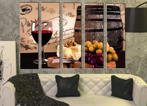 Vista 5 de Gran copa de vino tinto de 5 piezas para decoración de pared, póster impreso en paneles de lienzo, juego de decoración de pared con temática