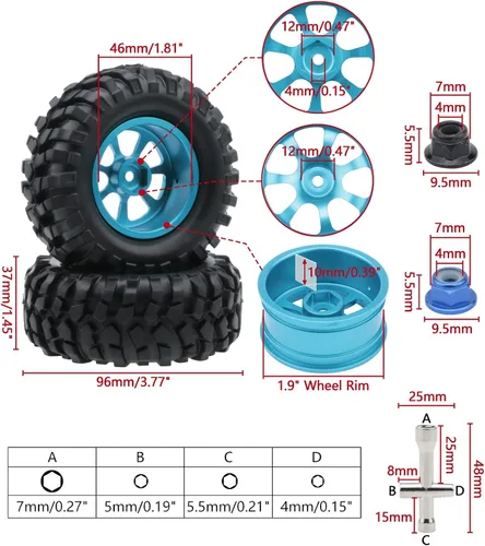 Vista 3 de Neumáticos RC 4 piezas 0.472 in Hex RC Ruedas y neumáticos para Tamiya RC4WD D90 CR12 Tioga MST, etc. Chasis bajo 1/10 RC Crawler Truck RC Car Part