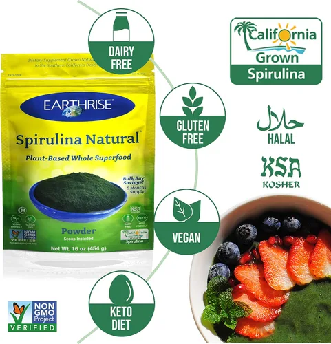 Vista 4 de Earthrise Spirulina Polvo natural de 16 onzas, espirulina natural premium de California, vegano, sin gluten, apto para ceto, sin OMG, súper alimento